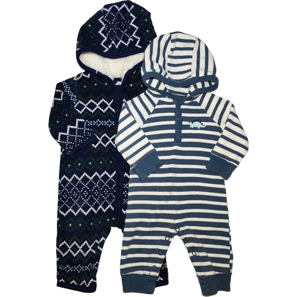 Carter's Baby Boy 3 Mos‎ Hooded Outfit Lot Fleece Thermal Stripe Dinosaur EUC